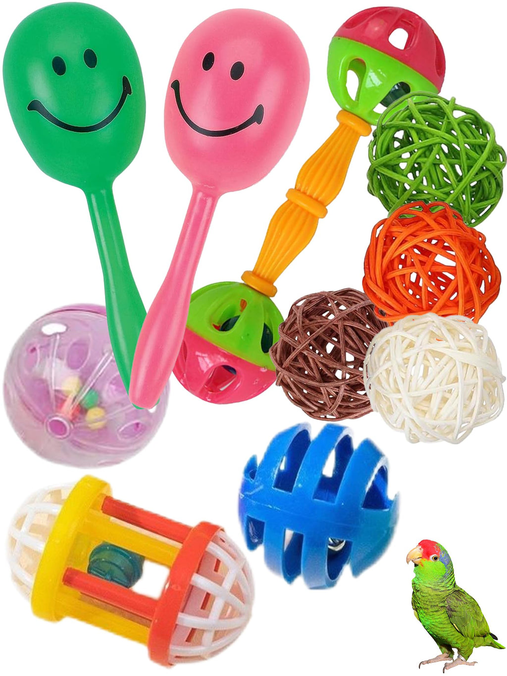 Bird Toy Set with Natural Rattan Balls Plastic Bell Balls for Parrots Safe Materials Encourages Play Perfect for Cage Home Decoration - PawsPlanet Australia