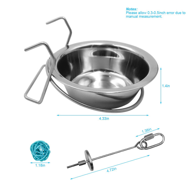 2 Pack Bird Feeder Birds Bowls Stainless Steel Dishes Coop Cups with Wire Hook, Parrot Feeding Dish Cups Food Water Bowls with Bird Food Holder and Rattan Ball for Finches Lovebirds (Set 1) 1 Count (Pack of 1) - PawsPlanet Australia