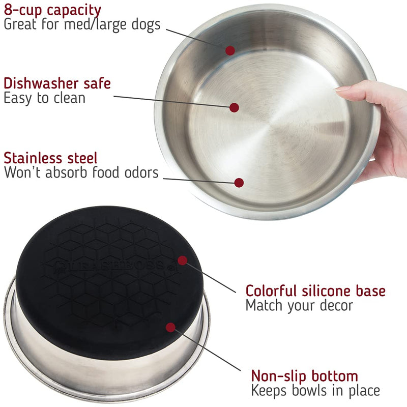 Leashboss Stainless Steel Dog Bowl with Silicone Base, 8 Cup Size, Non-Skid Dish for Medium & Large Dogs 8-Cup, Set Black - PawsPlanet Australia