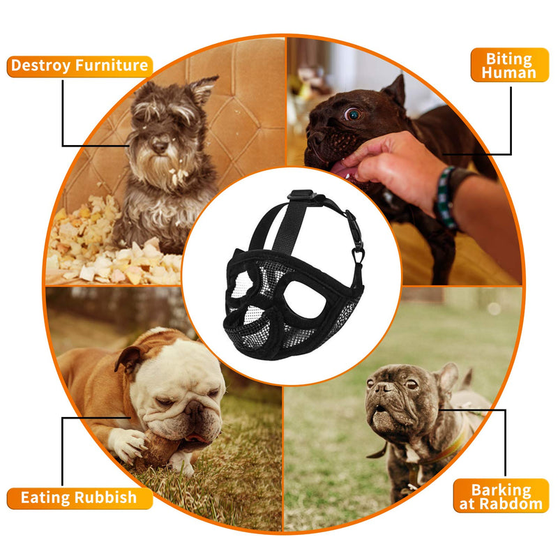 TANDD Short Snout Dog Muzzle - Adjustable Breathable Mesh Bulldog Muzzle for Barking Biting Chewing Training XS Black(Tongue Out) - PawsPlanet Australia