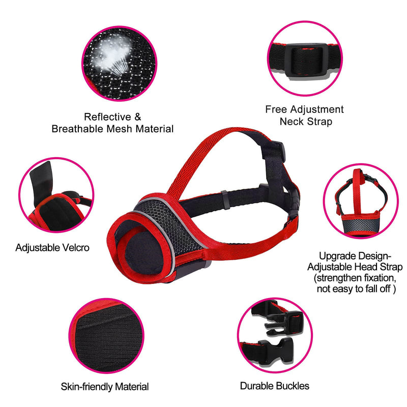 Dog Muzzle, Reflective Soft Nylon Muzzle with Strengthen Strap, Air Mesh Breathable Drinkable and Adjustable Loop Pet Muzzles,Anti Biting Barking Chewing for Small Medium Large Dogs 4 Colors XS(Snout:2.95-3.54in) RED - PawsPlanet Australia