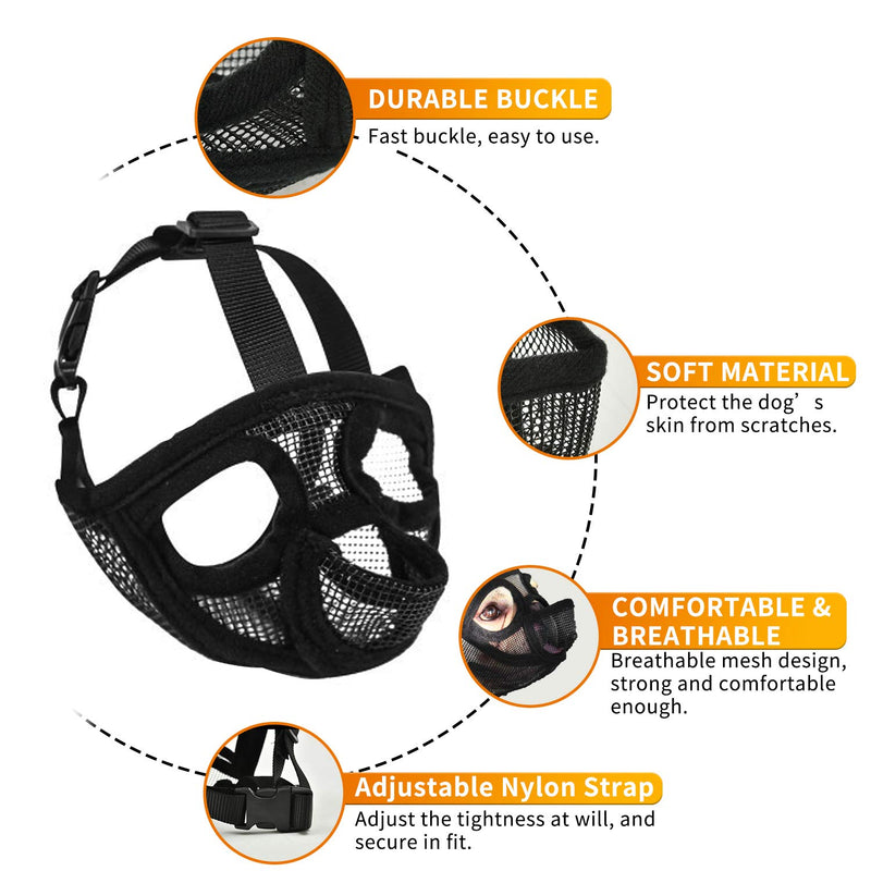 TANDD Short Snout Dog Muzzle - Adjustable Breathable Mesh Bulldog Muzzle for Barking Biting Chewing Training XS Black(Tongue Out) - PawsPlanet Australia