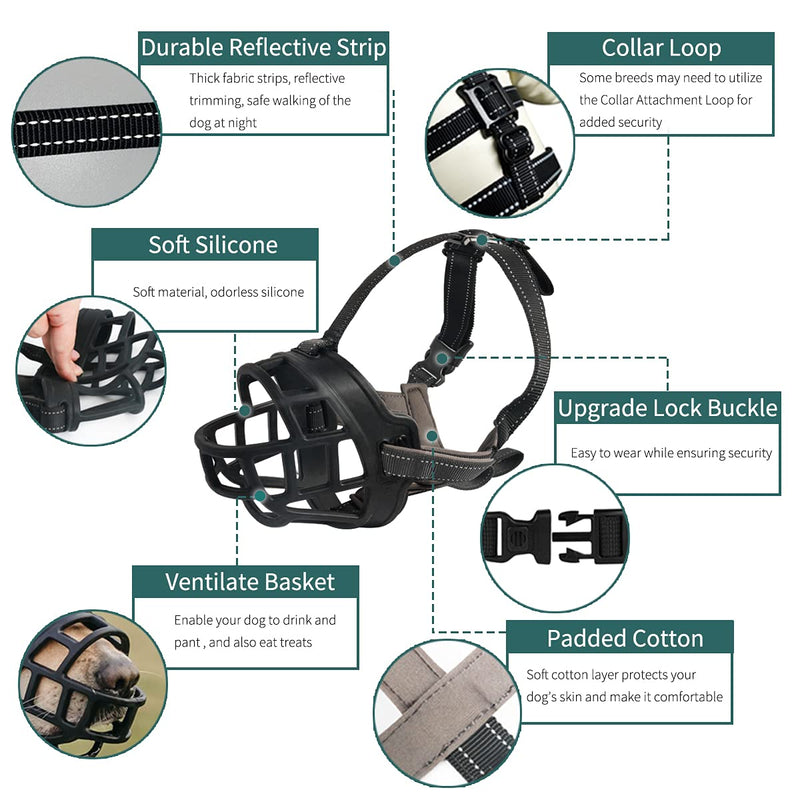 BARKLESS Dog Muzzle, Silicone Basket Muzzle for Small Medium Large Dogs, Soft Cage Muzzle Prevent Biting and Chewing, Allows Drinking Panting, Suitable for German Shepherd Labrador 2 (Snout 7.5-9.5") Black - PawsPlanet Australia