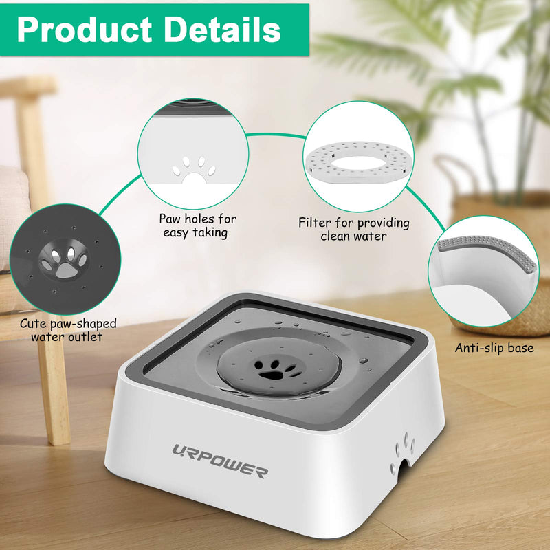 URPOWER 2L Dog Water Bowl 70oz Large Capacity Cat Water Bowl No Spill Dog Bowl with Eco-Friendly Material Slow Water Feeder Pet Water Dispenser Vehicle Carried Travel Water Bowl for Dogs, Cats & Pets Grey - PawsPlanet Australia