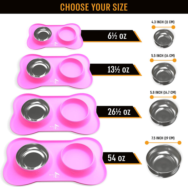 Active Pets Dog Bowl Set, Stainless Steel No Spill Mess-Proof Food & Water Dog Food Bowls with Skid Resistant Silicone Mat, Dog Bowls Small Size Dog, Medium, & Large, Pet Puppy Bowls & Dog Dishes 6½ oz each Happy Pink - PawsPlanet Australia
