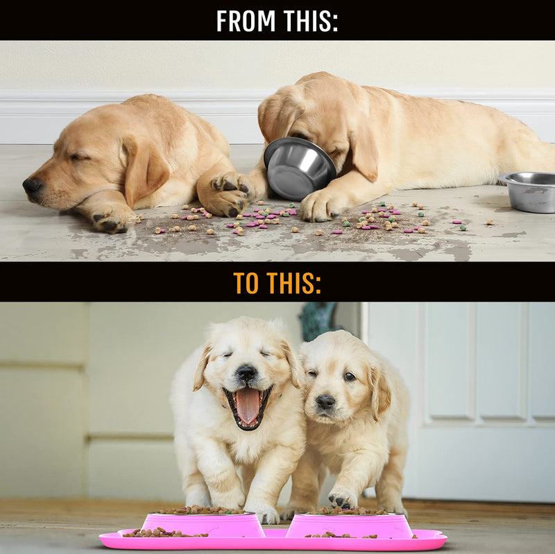 Active Pets Dog Bowl Set, Stainless Steel No Spill Mess-Proof Food & Water Dog Food Bowls with Skid Resistant Silicone Mat, Dog Bowls Small Size Dog, Medium, & Large, Pet Puppy Bowls & Dog Dishes 6½ oz each Happy Pink - PawsPlanet Australia