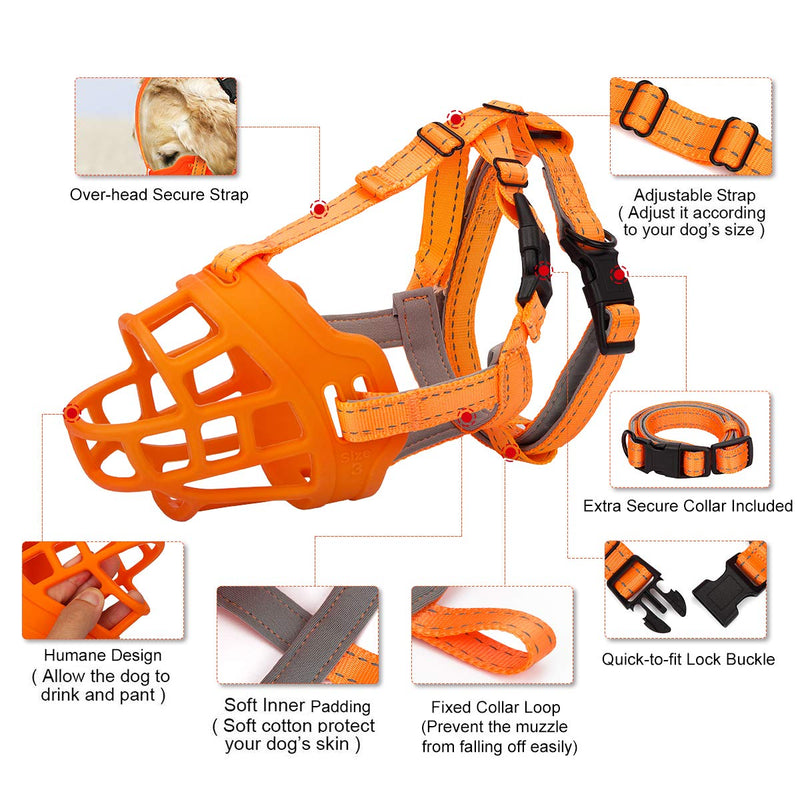 BARKLESS Dog Muzzle, Soft Silicone Basket Muzzle for Dogs, Allows Panting and Drinking, Prevents Unwanted Barking Biting and Chewing, Included Collar and Training Guide 5 (Snout 13.5-14.5") Orange - PawsPlanet Australia