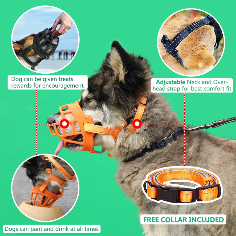 BARKLESS Dog Muzzle, Soft Silicone Basket Muzzle for Dogs, Allows Panting and Drinking, Prevents Unwanted Barking Biting and Chewing, Included Collar and Training Guide 5 (Snout 13.5-14.5") Orange - PawsPlanet Australia