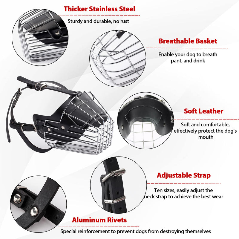 HOHOMETIC Dog Muzzle, German Shepherd Metal Wire Basket Muzzle for Large Dogs Breeds, Prevents Biting Barking and Chewing, with Adjustable Soft Leather Straps and Dog Bandana - PawsPlanet Australia