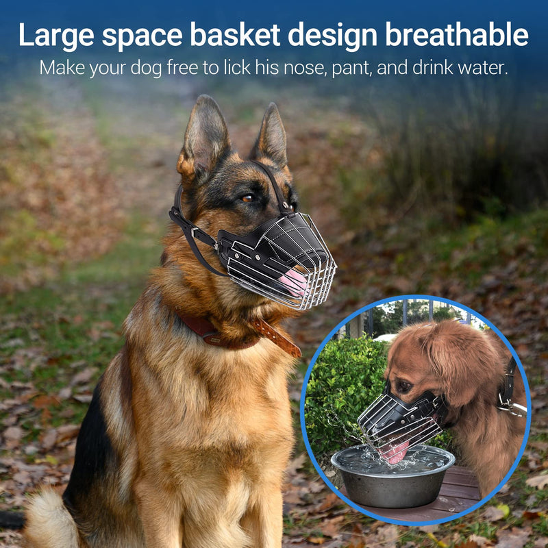 HOHOMETIC Dog Muzzle, German Shepherd Metal Wire Basket Muzzle for Large Dogs Breeds, Prevents Biting Barking and Chewing, with Adjustable Soft Leather Straps and Dog Bandana - PawsPlanet Australia