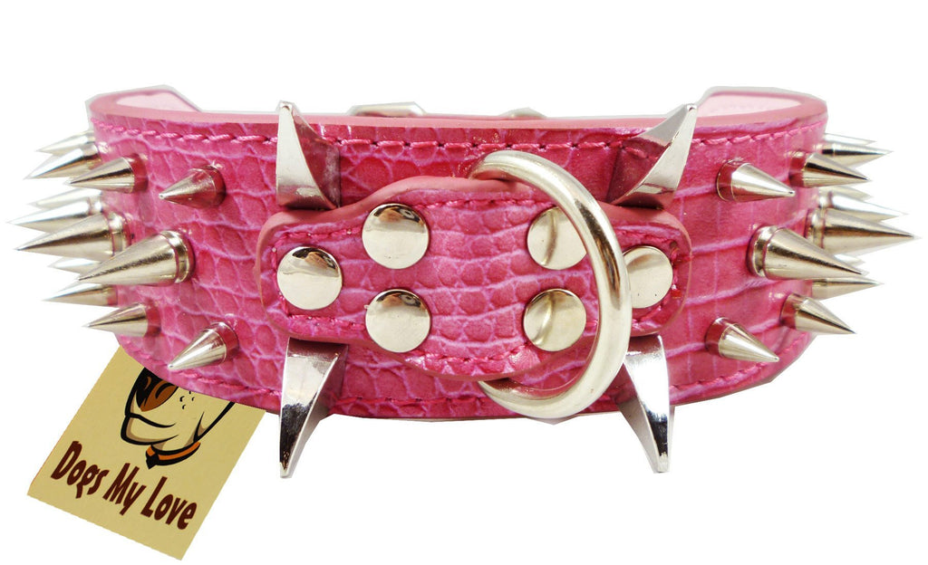 [Australia] - 19"-23" Pink Faux Croc Leather Spiked Dog Collar 2" Wide, 40 Large Spikes 