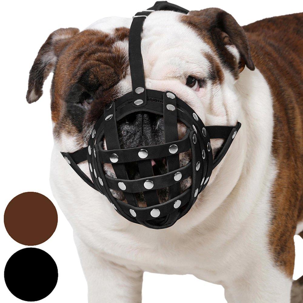 CollarDirect Basket Dog Muzzle for Boxer, English Bulldog, American Bulldog Secure Leather Muzzle Black - PawsPlanet Australia