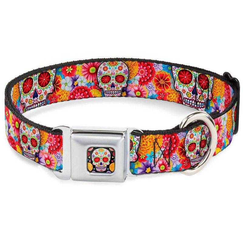 [Australia] - Buckle-Down Dog Collar Seatbelt Buckle Sugar Skull Starburst White Multi Color Available in Adjustable Sizes for Small Medium Large Dogs 1" Wide - Fits 15-26" Neck - Large 