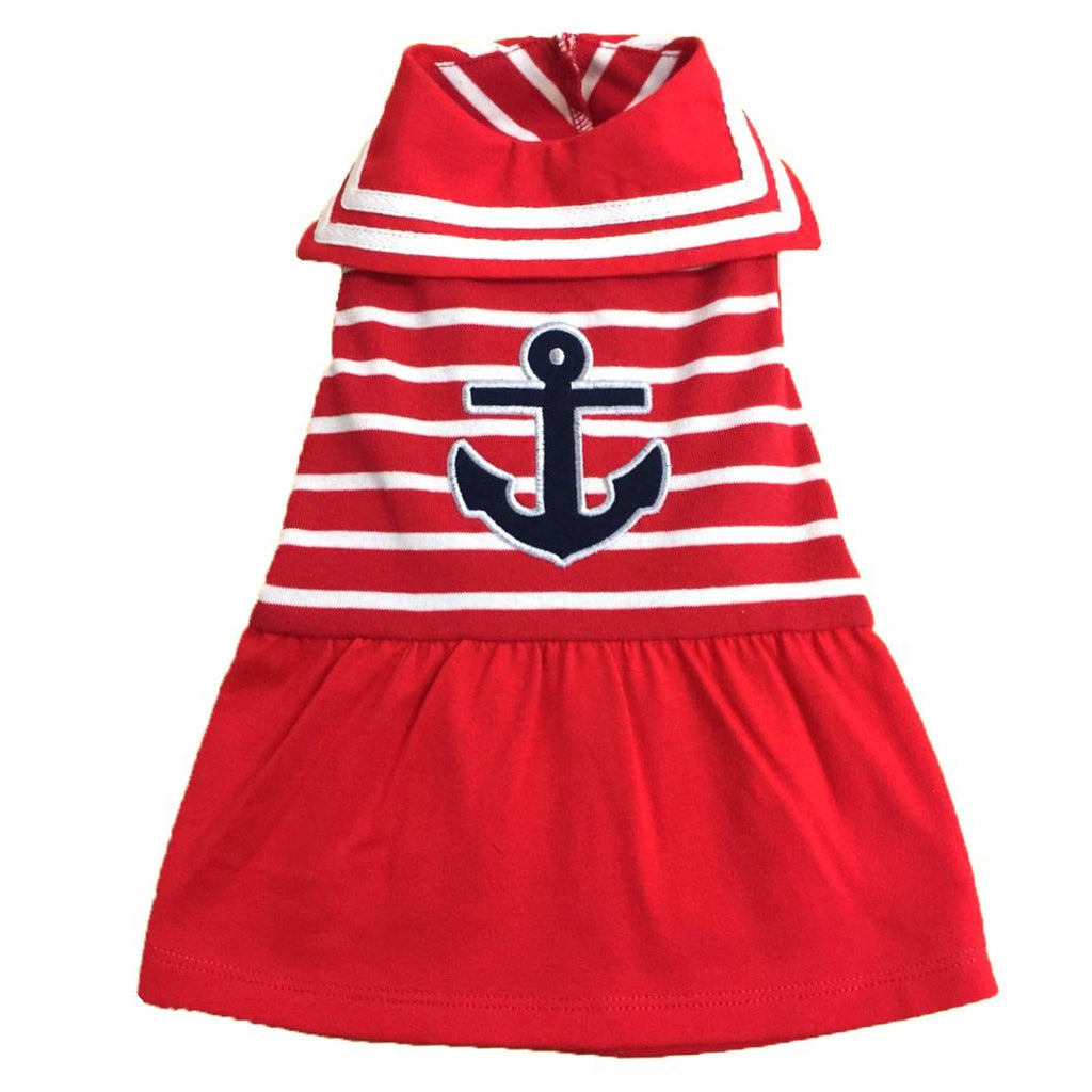 The Worthy Dog Anchor Pattern Fabulously Stylish Bow Attached Dress for Dog, Casual Dog Outfit - Fits Small, Medium and Large Dogs, Red/White Color - PawsPlanet Australia