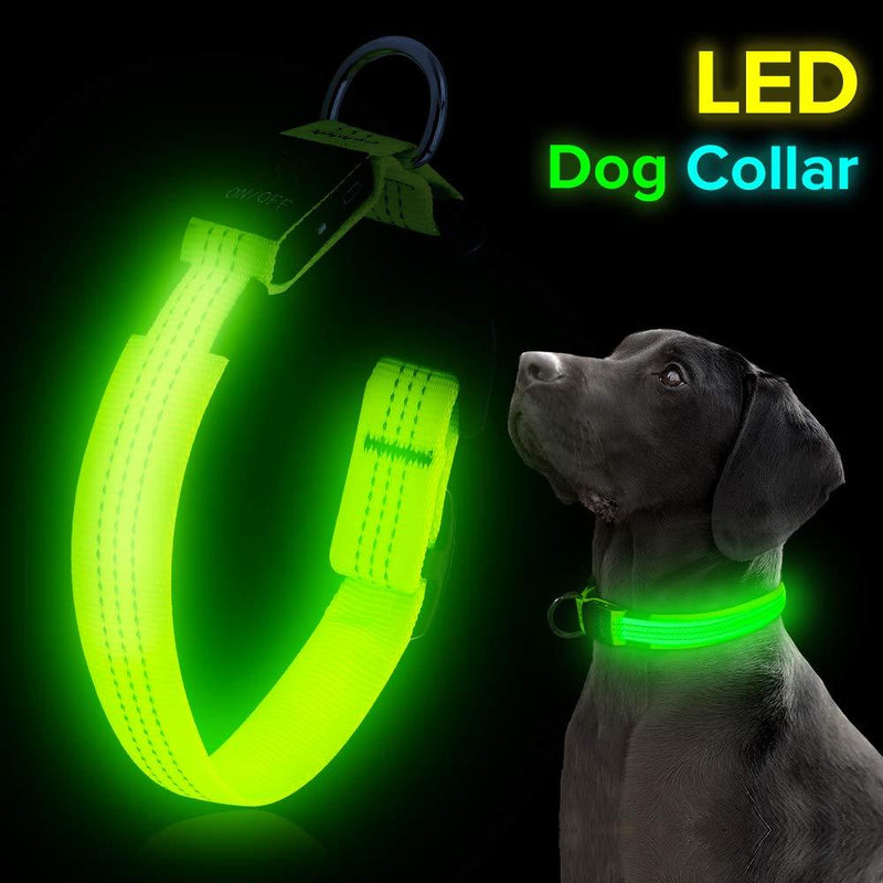 [Australia] - BSEEN LED Dog Collar, LED Dog Leash, USB Rechargeable Glowing Safety Dog Collar Light Up Adjustable Nylon Webbing Reflective Pet Dog Collar Leash for Dog & Cat Large Neon Green 