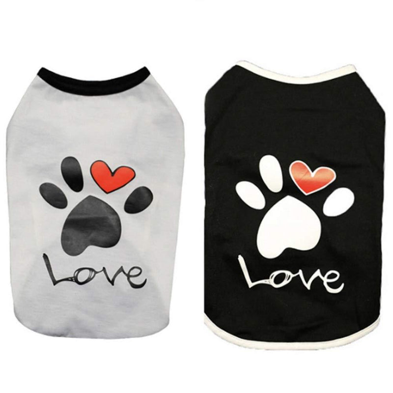 [Australia] - CheeseandU 2019 New 2Pcs Summer Dog Clothes Pet Vest Puppy Dog Cute Cool Soft Cotton Shirt with Paw Love Printed Sleeveless T-Shirt for Teddy Poodle Small Dogs Cats Clothes Pet Apparel L:Back:30cm/11.8inch Chest:40cm/15.7inch Black+White 