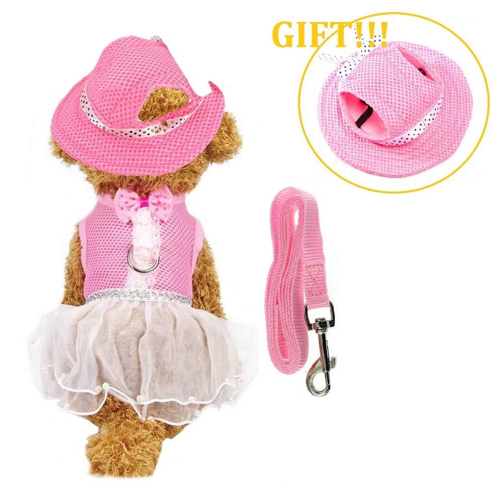 [Australia] - CheeseandU Dog Cat Spring Summer Mesh Vest Harness with Pet Summer Hat Set Pet Cute Walking Harness with Bowtie and White Lace Short Skirt Pearls Decor Match Leash for Small Dog Cat Rabbit, Pink L 
