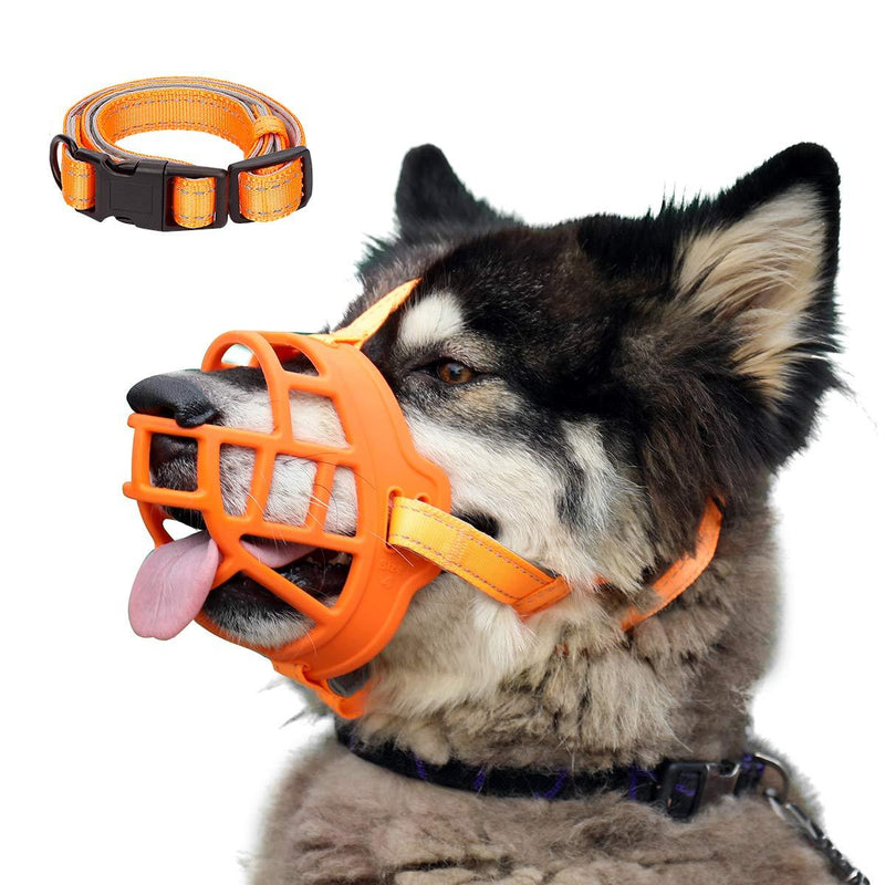 BARKLESS Dog Muzzle, Soft Silicone Basket Muzzle for Dogs, Allows Panting and Drinking, Prevents Unwanted Barking Biting and Chewing, Included Collar and Training Guide 5 (Snout 13.5-14.5") Orange - PawsPlanet Australia
