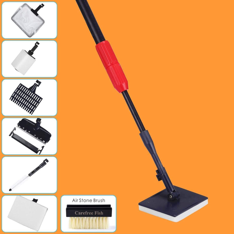 Carefree Fish Carbon Fiber Aquarium Cleaning Tools 7 in 1 Fish Tank Cleaner Kit Long Scrubber Brushes Set Glass Sponge Pipe Brush Fish Net Gravel Rake Algae Scraper Suit with Extendable Handle - PawsPlanet Australia