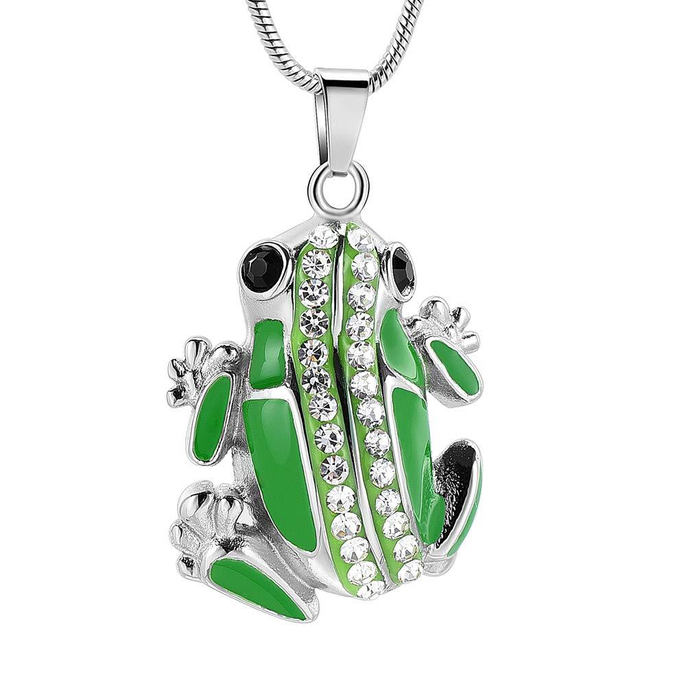 Frog Cremation Jewelry For Ashes With Shiny Crystal Green Skin Stainless Steel Pet Memorial Urn Necklace Silver tone - PawsPlanet Australia