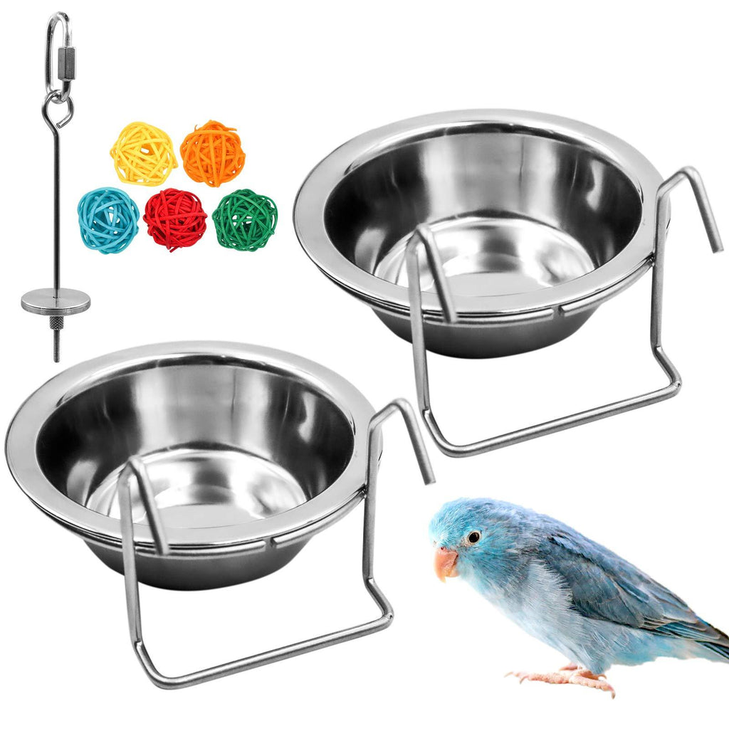 2 Pack Bird Feeder Birds Bowls Stainless Steel Dishes Coop Cups with Wire Hook, Parrot Feeding Dish Cups Food Water Bowls with Bird Food Holder and Rattan Ball for Finches Lovebirds (Set 1) 1 Count (Pack of 1) - PawsPlanet Australia