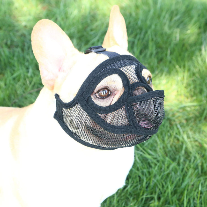 TANDD Short Snout Dog Muzzle - Adjustable Breathable Mesh Bulldog Muzzle for Barking Biting Chewing Training XS Black(Tongue Out) - PawsPlanet Australia