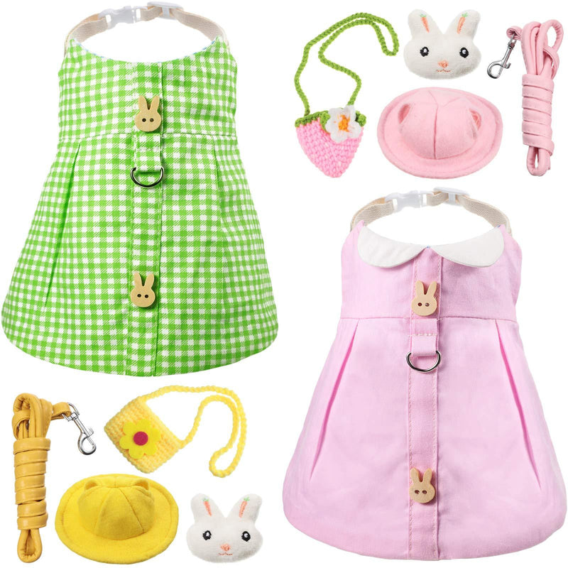 2 Sets Cute Pet Rabbit Dress Small Animal Harness Vest and Leash with Mini Hat Bag Escape-Proof Pet Harness Dress Accessory for Rabbit Guinea Pig Hedgehog Ferret Piggy (Pink Rabbit, Green Plaid) Pink and Green Rabbit and Plaid - PawsPlanet Australia
