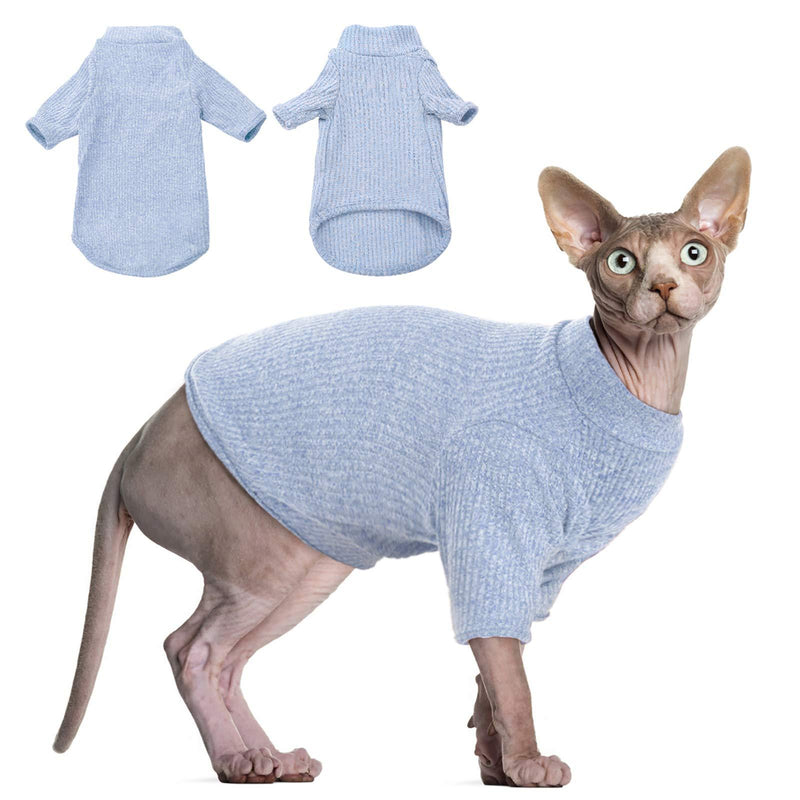 DENTRUN Sphynx Hairless Cats Shirt, Pullover Kitten T-Shirts with Sleeves, Breathable Cat Wear Turtleneck Sweater, Adorable Hairless Cat's Clothes Vest Pajamas Jumpsuit for All Season X-Small Blue - PawsPlanet Australia