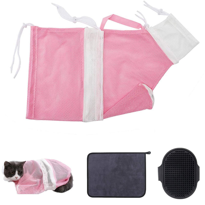 CNXU 3 Pcs Large Multi-Function Cat Grooming Bath Bag with Handle Gloves,Anti-Scratch Anti-Bite Adjustable Kitty Restraint Mesh Bag for Bathing, Nail Trimming, Injection, Medicine Taking Pink - PawsPlanet Australia