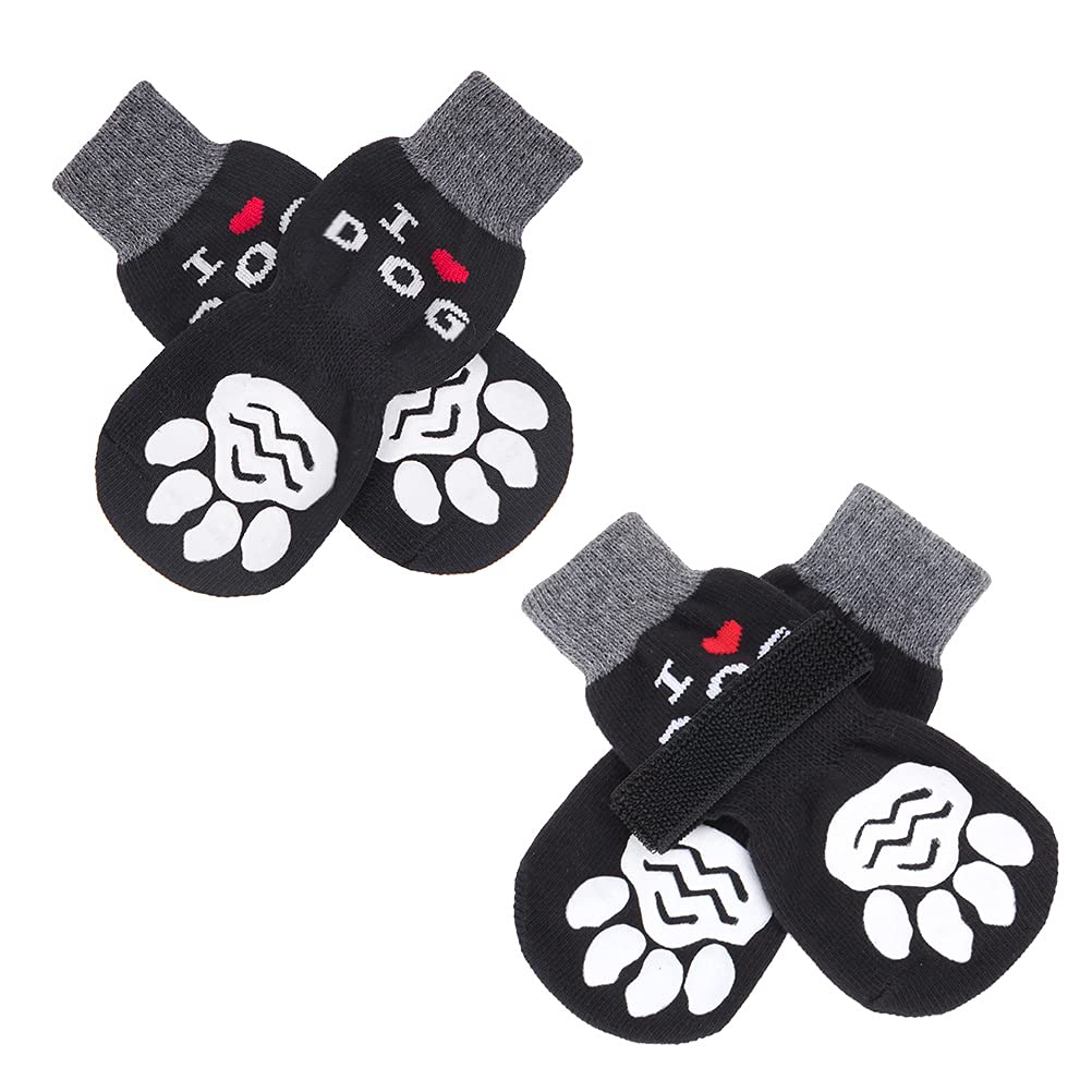 SCENEREAL Dog Socks Anti Slip, I Love Dog Pattern, Comfortable Dog Paw Protectors with Adjustable Straps Traction Control for Hardwood Floor Small - Paw Width 2.16" Black - PawsPlanet Australia