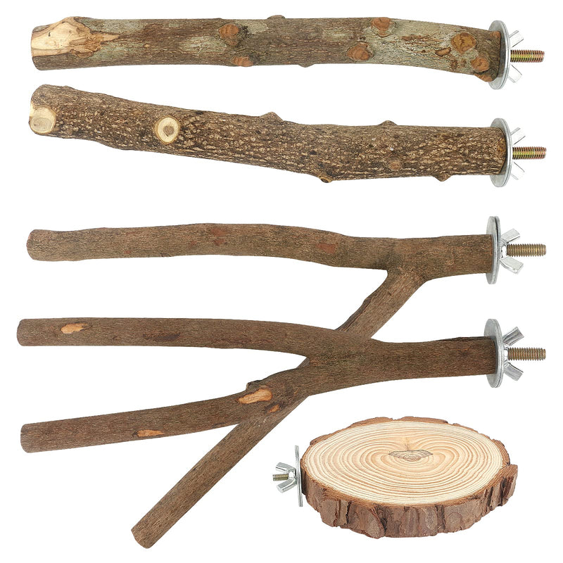 Bird Perch Stand Toy Set Natural Wooden Parrot Stand Branch with Round Platform Paw Grinding Stick Bird Exercise Training Climbing Toys for Bird Cage Accessories Wooden 5pcs - PawsPlanet Australia