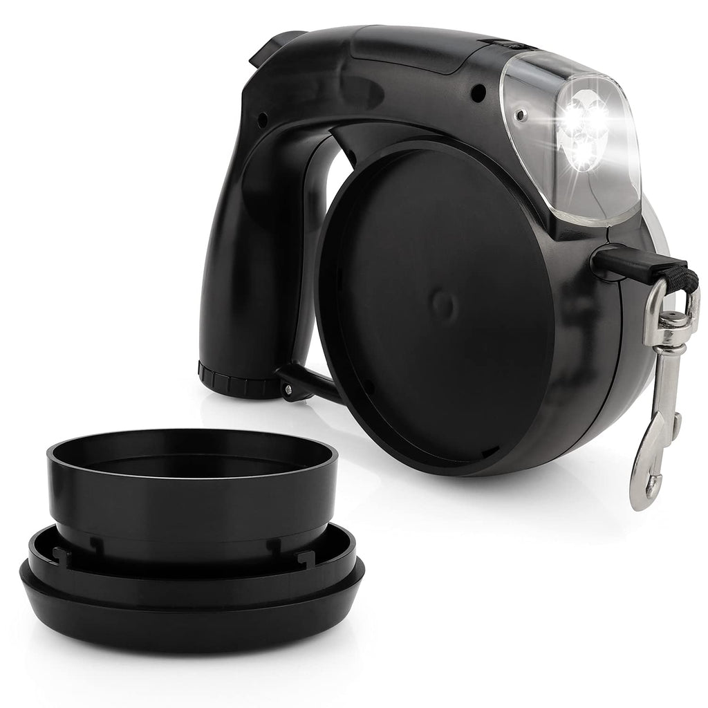 eXuby 5-in-1 Retractable Dog Leash with Built-in Collapsible Water Bowl, Flashlight, Dog Poop Bag Holder Dispenser, Dog Treat Holder for Small to Large Dogs, 13 Ft Long w/ Strong Tangle Free Leash Black - PawsPlanet Australia