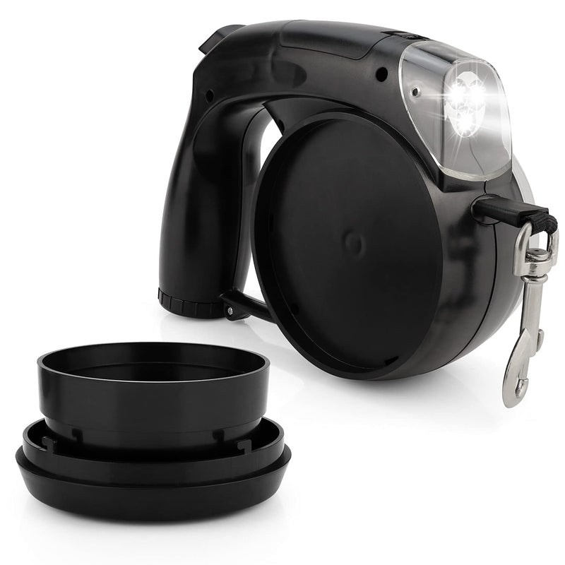 eXuby 5-in-1 Retractable Dog Leash with Built-in Collapsible Water Bowl, Flashlight, Dog Poop Bag Holder Dispenser, Dog Treat Holder for Small to Large Dogs, 13 Ft Long w/ Strong Tangle Free Leash Black - PawsPlanet Australia
