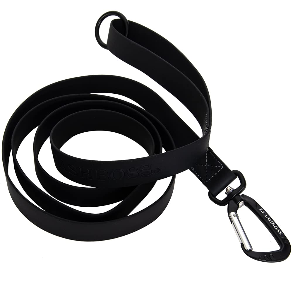 Leashboss Waterproof Dog Leash with Carabiner and O-Ring, 4Ft 6Ft Smell-Proof Anti Odor Coated Nylon Lead, Easy to Clean 4 Ft x 1" Wide Black - PawsPlanet Australia