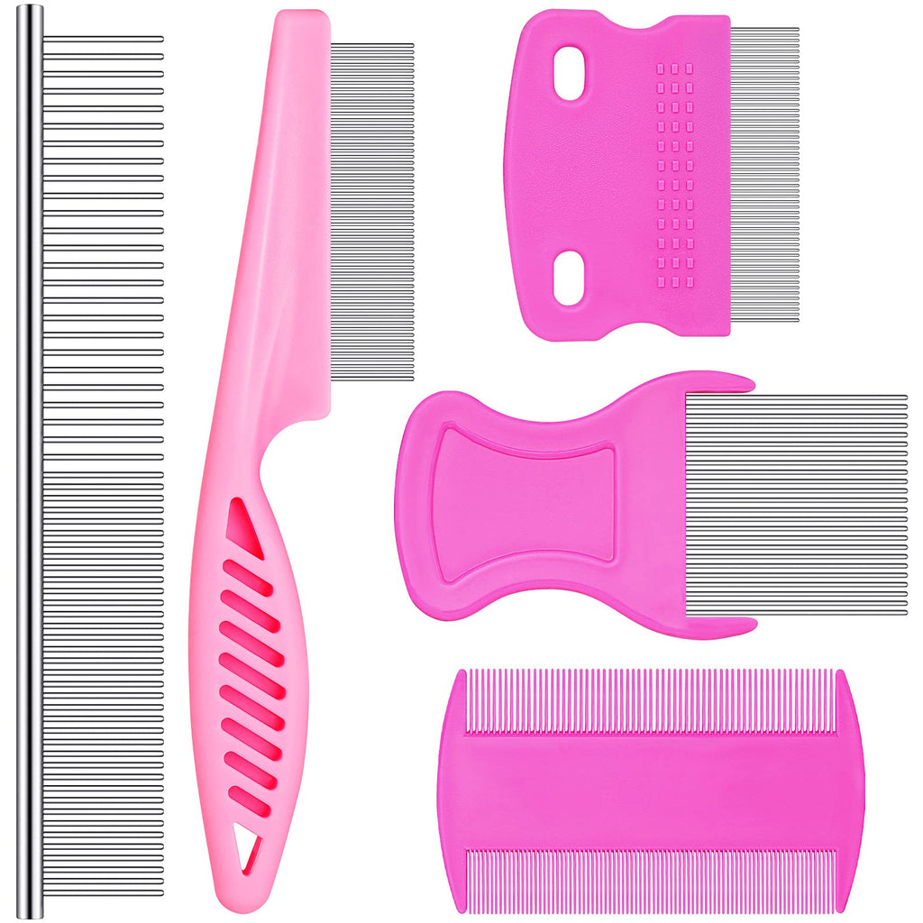 5 Pieces Dog Flea Comb Pets Grooming Comb Kit for Small Dogs Puppies Stainless Steel Teeth Dog Comb Tear Stain Remover Comb 2-in-1 Dog Combs with Round Teeth to Remove Knots Crust Mucus (Pink) Pink - PawsPlanet Australia