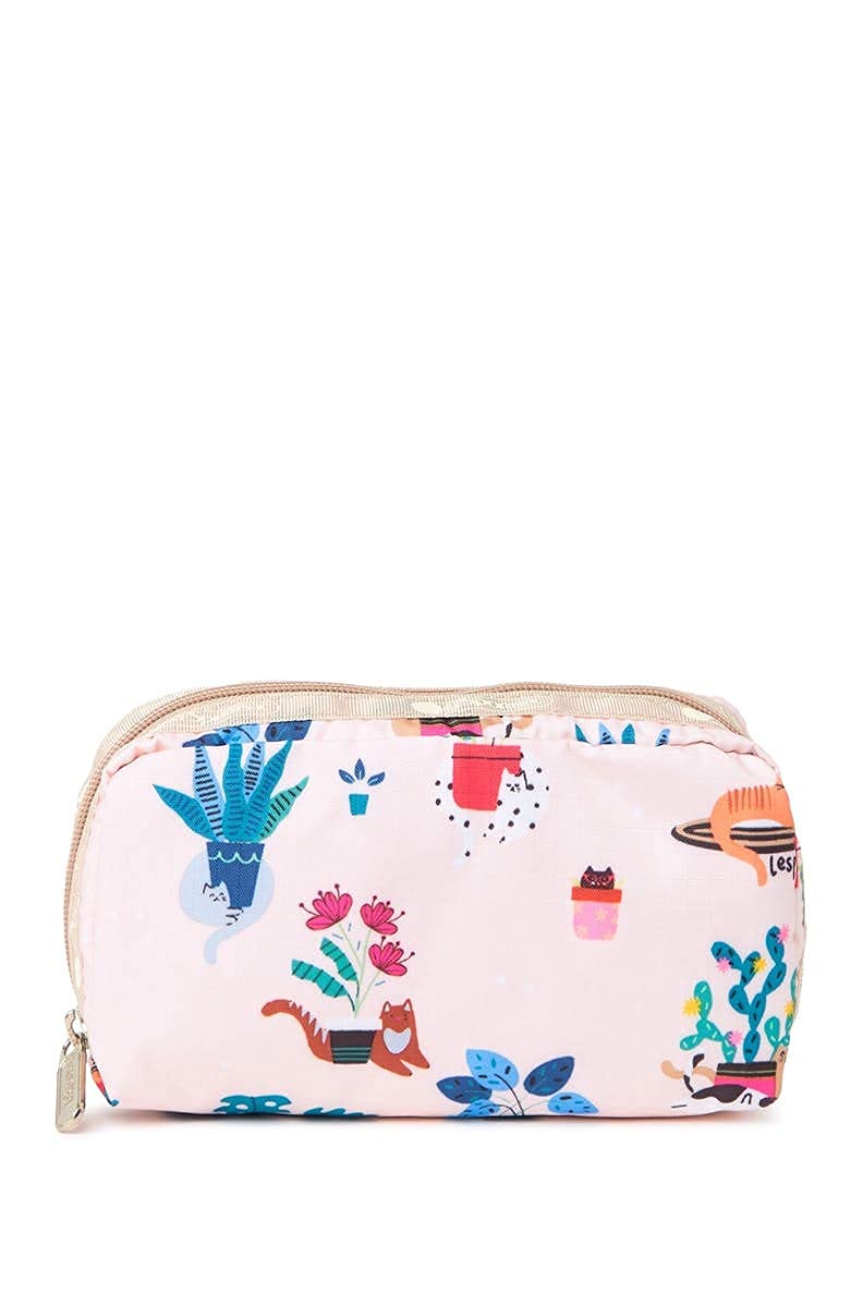 LeSportsac Comfy Cats Rectangular Cosmetic Bag Style 6511/Color F645 Colorful Playful Cozy Kittens and Cats Amid Floral Designs, Light Pink Iridescent Sheen Bag - PawsPlanet Australia