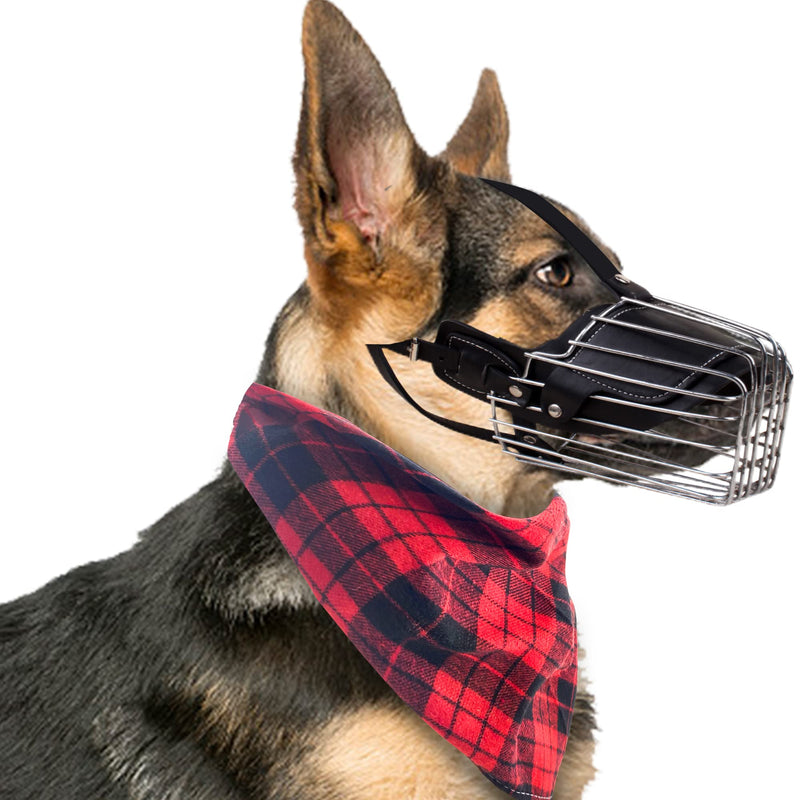 HOHOMETIC Dog Muzzle, German Shepherd Metal Wire Basket Muzzle for Large Dogs Breeds, Prevents Biting Barking and Chewing, with Adjustable Soft Leather Straps and Dog Bandana - PawsPlanet Australia