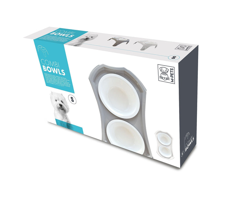 MPETS COMBI Double Bowl White with support for Dogs 2 x 350 ml Grey Size S - PawsPlanet Australia