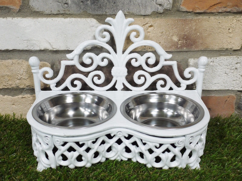 Best Value Here Antique Style Cast Iron Pet DOG CAT Raised Bowls 2 Stainless Steel DIsh Food Water Large Small (Small Dog Bowl (White)) - PawsPlanet Australia