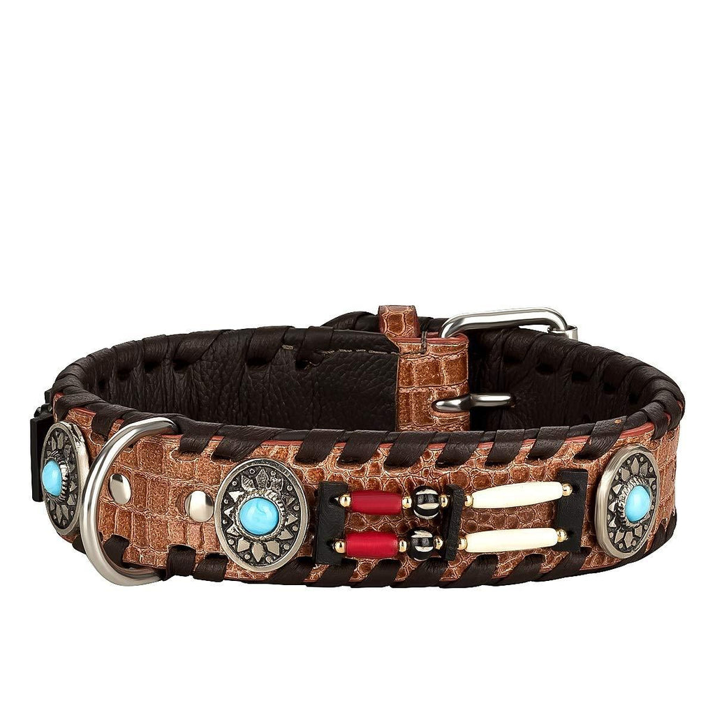 MICHUR CARLOTA Collar Indian, Dog Collar Leather Brown, Leather Collar Dog, Collar, WITH TURQUOISE STONES Neck circumference 9.45-11.5" - PawsPlanet Australia