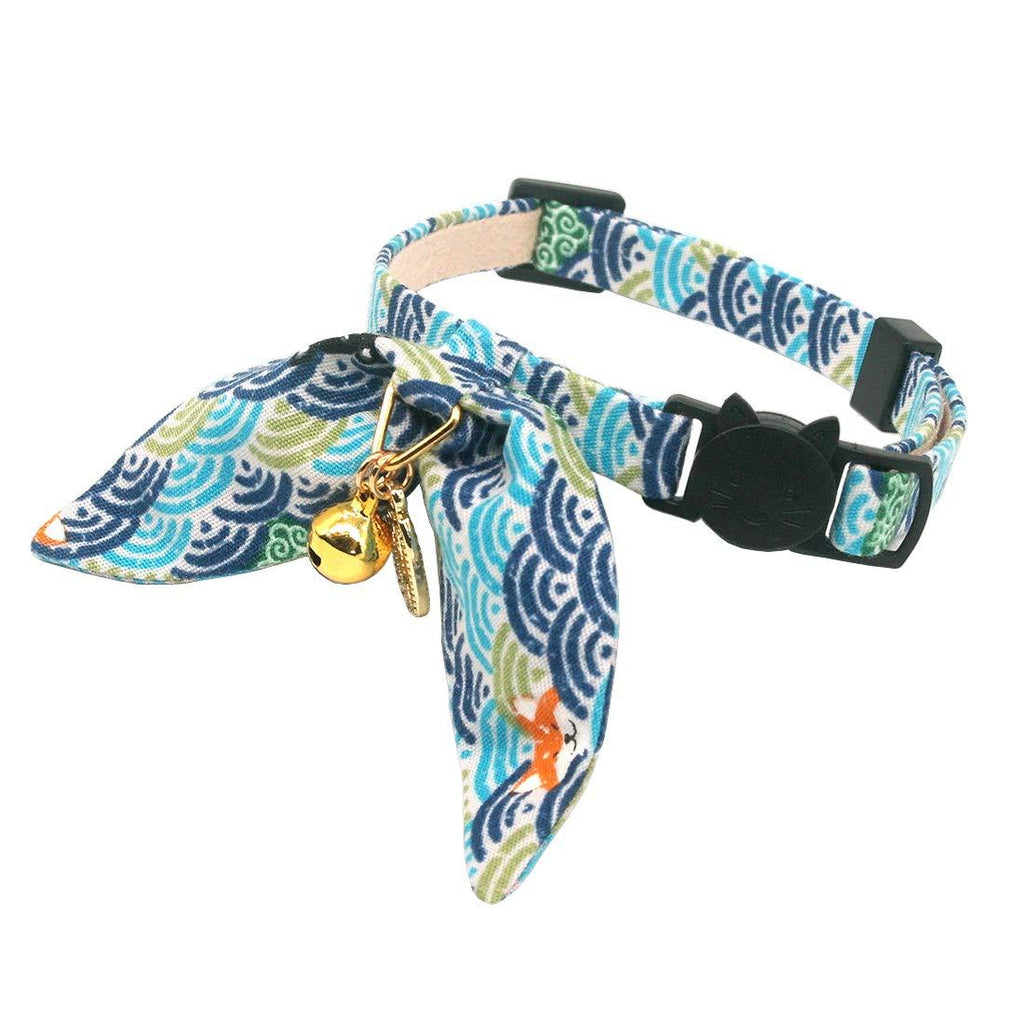PetSoKoo Unique Bunny Ears Bowtie Cat Collar,ShibaInu Cloud Print,Japan Traditional Lucky Charm and golden bell.Safety Breakaway,Light Weight,Soft,Durable Standard (8-12inch,20-31cm) Sky Blue - PawsPlanet Australia
