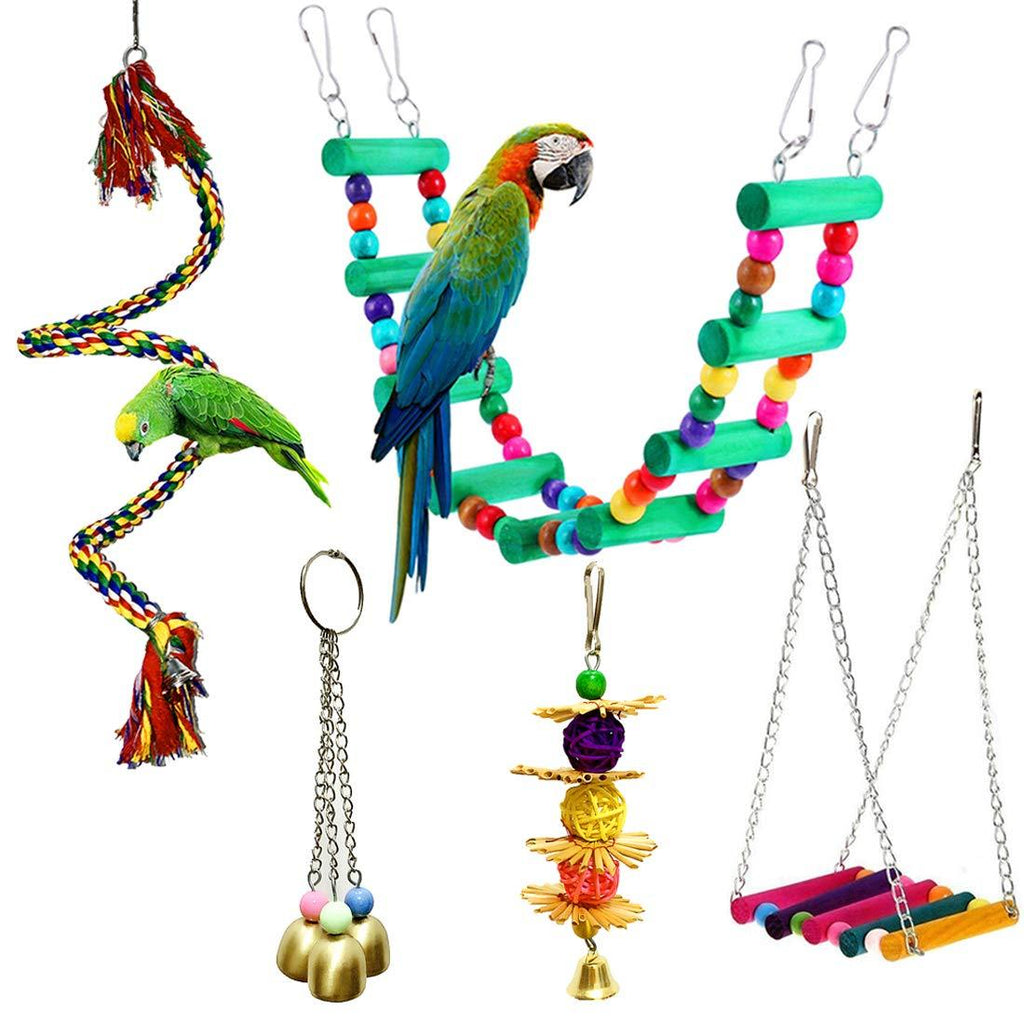 5 Pcs Bird Perches Cage Toys Hanging Bell Swing Chewing Toys Wooden Ladder Hammock for Small and Medium Parrot Birds, Cockatiels, Conures, Macaws, Finches - PawsPlanet Australia