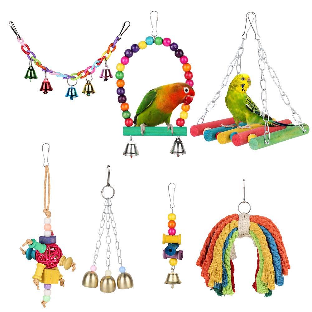 Bird Swing Toys for Chewing & Playing - YOUTHINK 7 Packs Colorful Natural Wooden Hammock Hanging Bell Fits for Parakeets , Parrots, Conures, Love Birds, Budgie, Budgerigars - PawsPlanet Australia