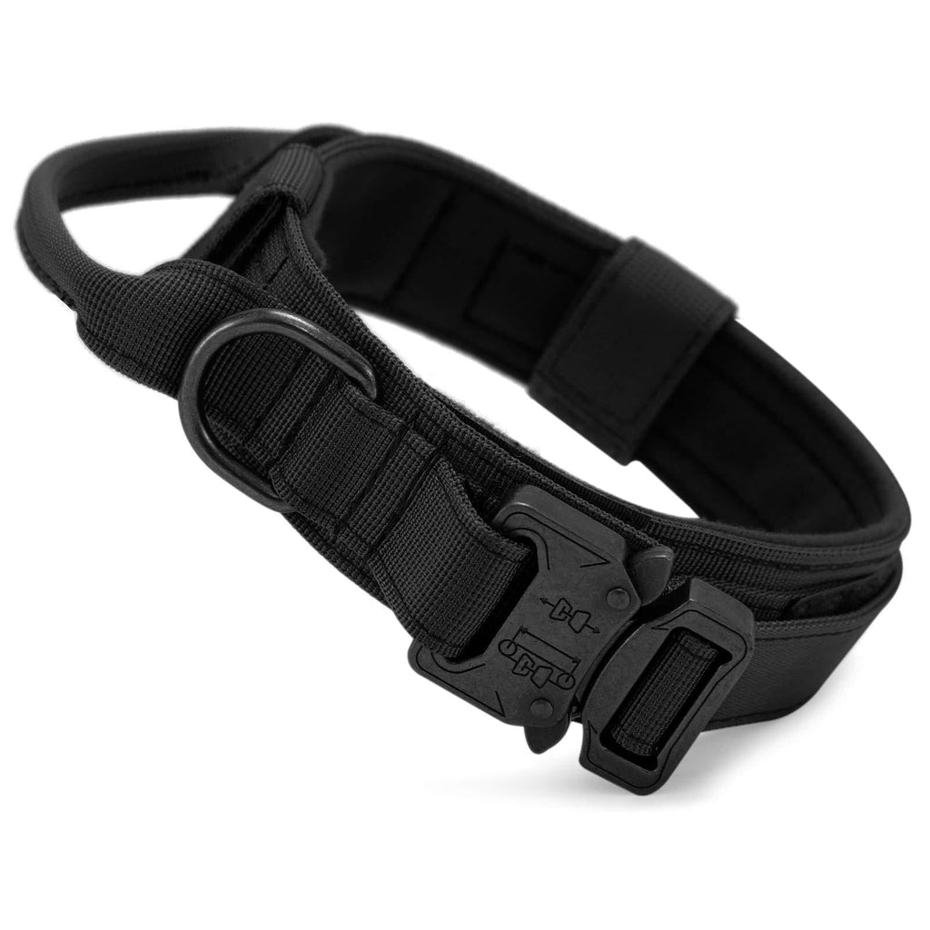 HUNTVP Tactical Dog Collar with Control Handle Military Adjustable Collar-Nylon, metal buckle, padded for Medium-sized dogs hunting trainning/outdoors L Black - PawsPlanet Australia