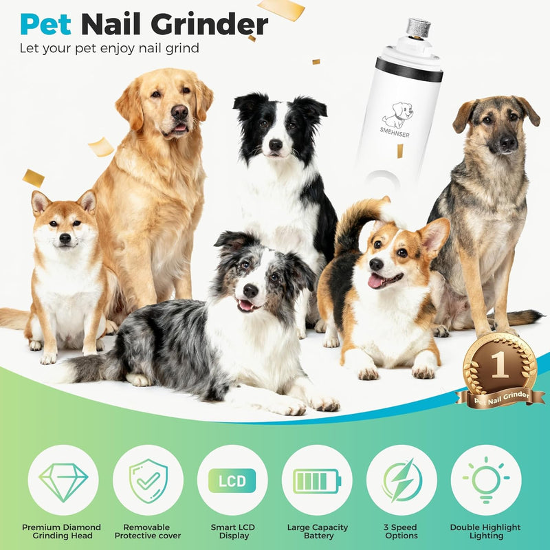 2026 New Ultra Quiet Pets Nail Grinder with 2 Lights,Adjustable 3 Speeds Dog Nail Trimmers,2000mAh Rechargeable,Painless Paws Grooming Pro for Small Medium Large Dogs & Cats (2 Replacement Heads)