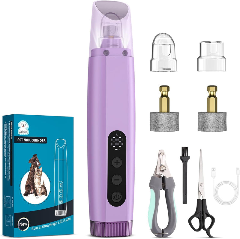 Dog Nail Grinder & Clipper 2-in-1 Set - 25dB Ultra Quiet with 3 Grinding Wheels & 2 LED Lights, Rechargeable for Large/Puppy Dogs & Cats, 3-Speed Adjustable for Anxious Pets Purple