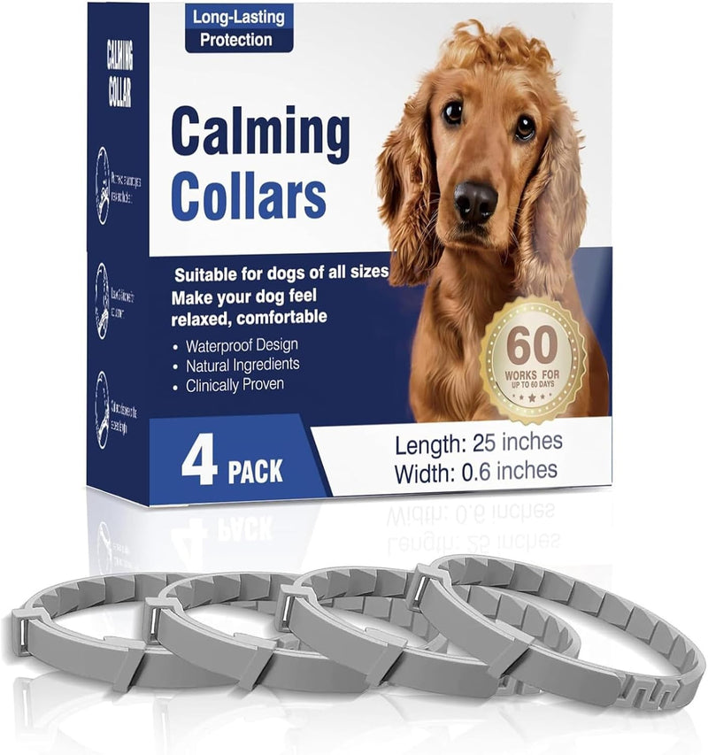Calming Collar for Dogs 4 Packs Dog Pheromone Calm Collars Relief Anxiety Stress Separation Lasts 60 Days Relieve Bad Behavior 25 Inches Size Flexible Adjustable for All Small Medium and Large Dog Grey