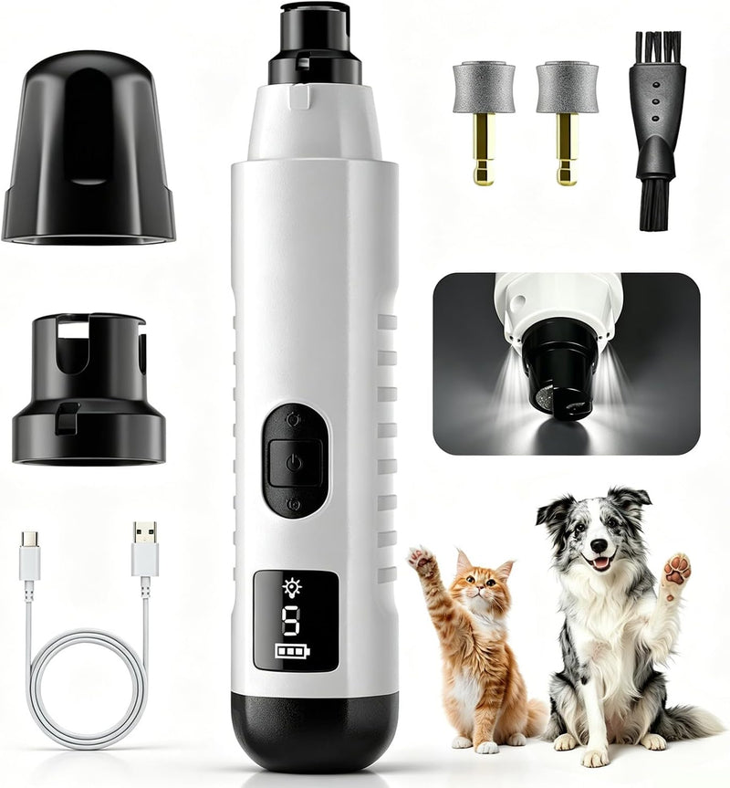 Silent Groom Pro Nail Grinder, 2025 New Nail Grinder for Dogs and Cats with LED Light & 3 Speeds, 2000mAh USB Rechargeable Dog Nail Trimmer for Thick Nails (1pc+2 Heads)