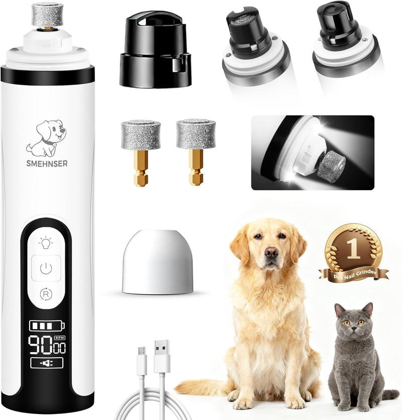 2026 New Ultra Quiet Pets Nail Grinder with 2 Lights,Adjustable 3 Speeds Dog Nail Trimmers,2000mAh Rechargeable,Painless Paws Grooming Pro for Small Medium Large Dogs & Cats (2 Replacement Heads)