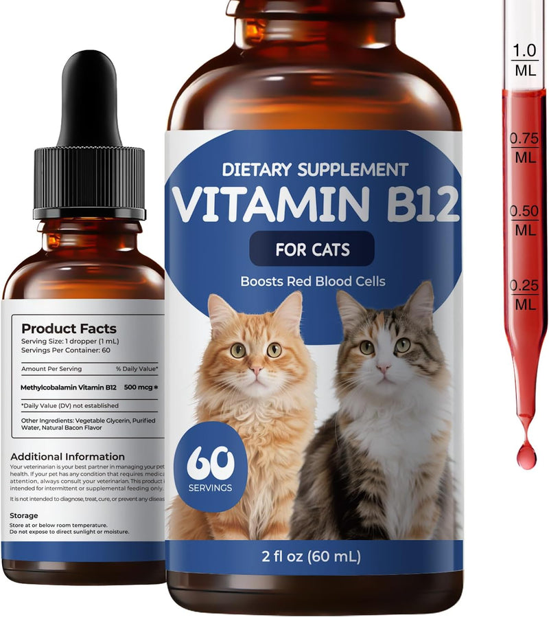 Vitamin B12 for Cats | Methylcobalamin Supplement | Boosts Red Blood Cell Formation, Energy, Nervous System & Appetite, Treats Pancreatitis | 2 fl oz Dropper